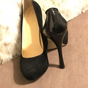 Black suede with patent leather heel